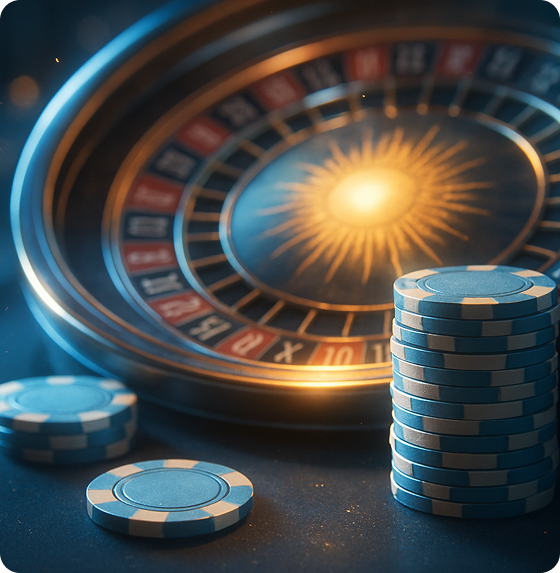 Ruleta iluminada con fichas azules — símbolo de juego en línea